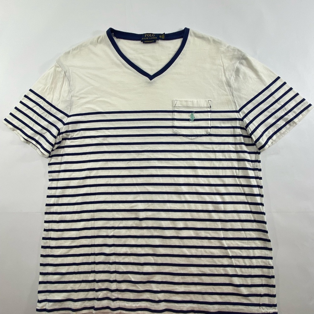 POLO Ralph Lauren V-Neck Polo Shirt Custom Slim Fit Navy /White Striped Size XL